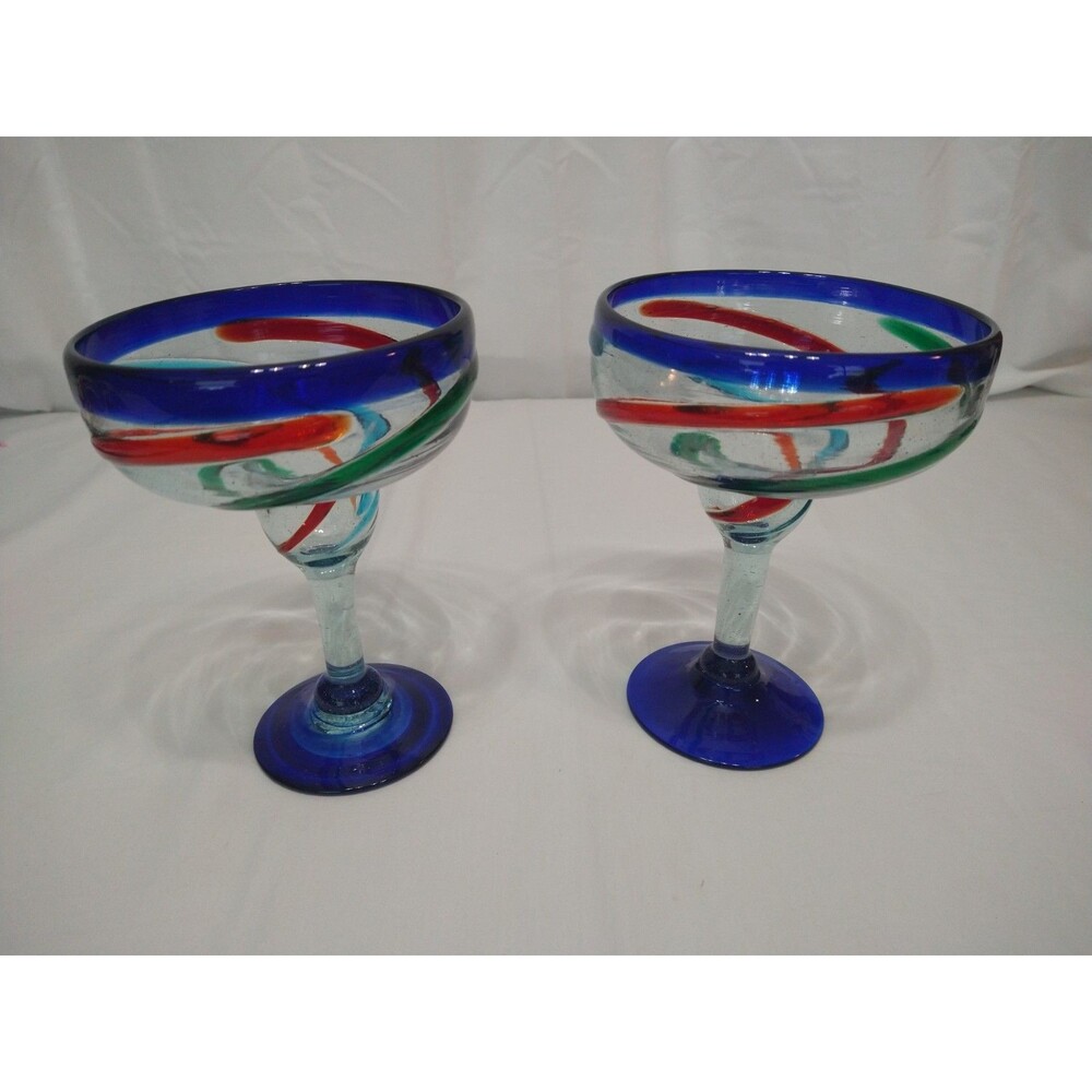 Set of 2 Hand Blown Art Margarita Cocktail Glasses Blue Red Green Swirl Thick